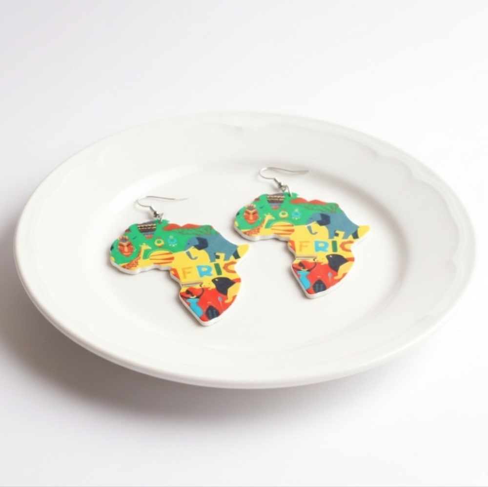 African Map Animal Wood Painted Tribal Earrings. Length 3.0 inches - Picture 10 of 12